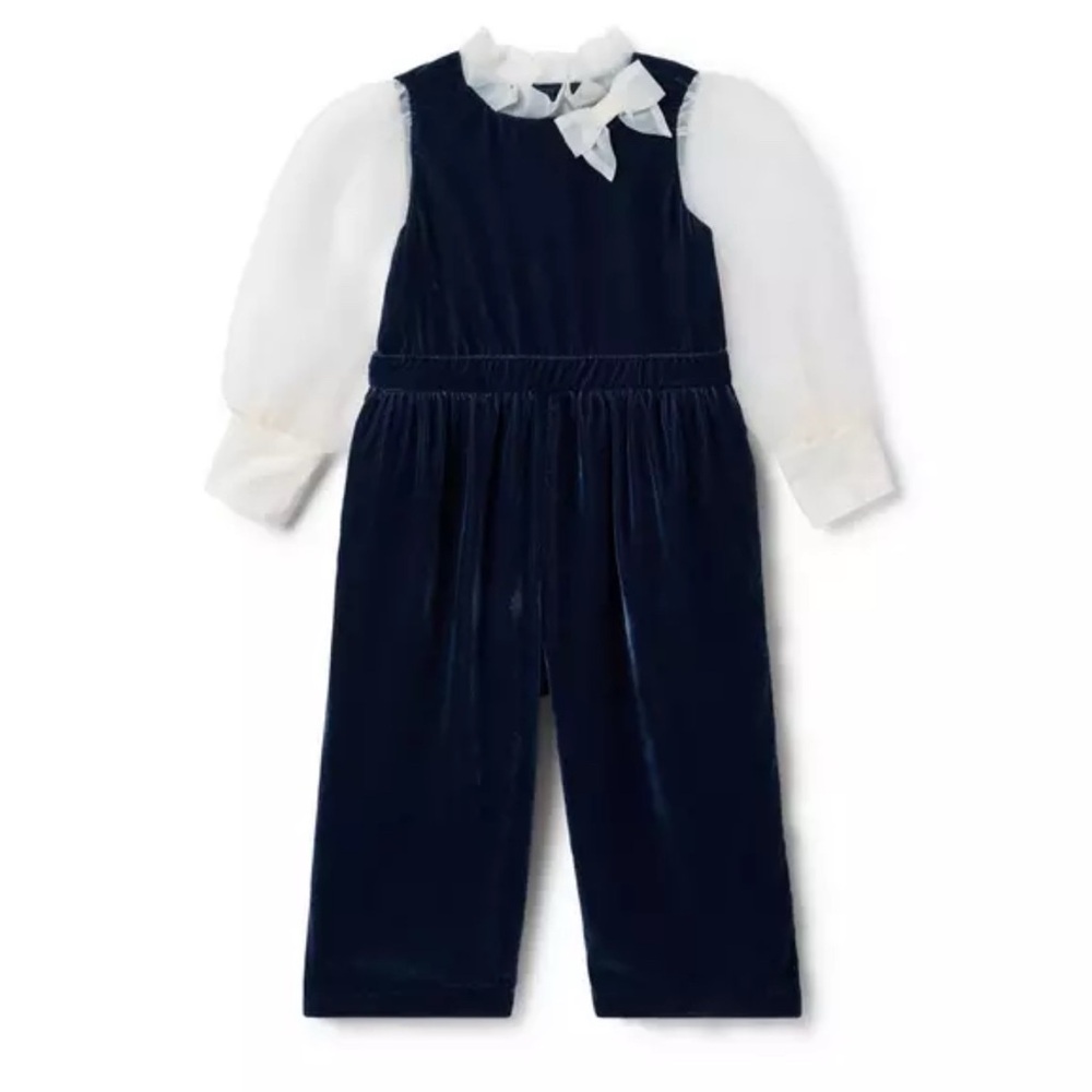 Janie and Jack Navy Velvet One Piece with White Sleeves